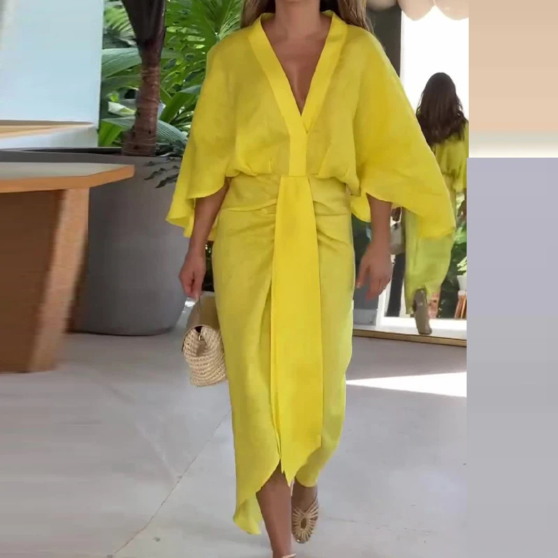 2025 Women Banquet V Neck Office Long Dress Summer Long Sleeve High Waist Party Dress Casual Solid Color Tie-up Female Dress