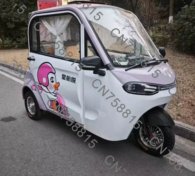 Adult transportation lady picks up children, fully enclosed electric tricycle home with shed old man music