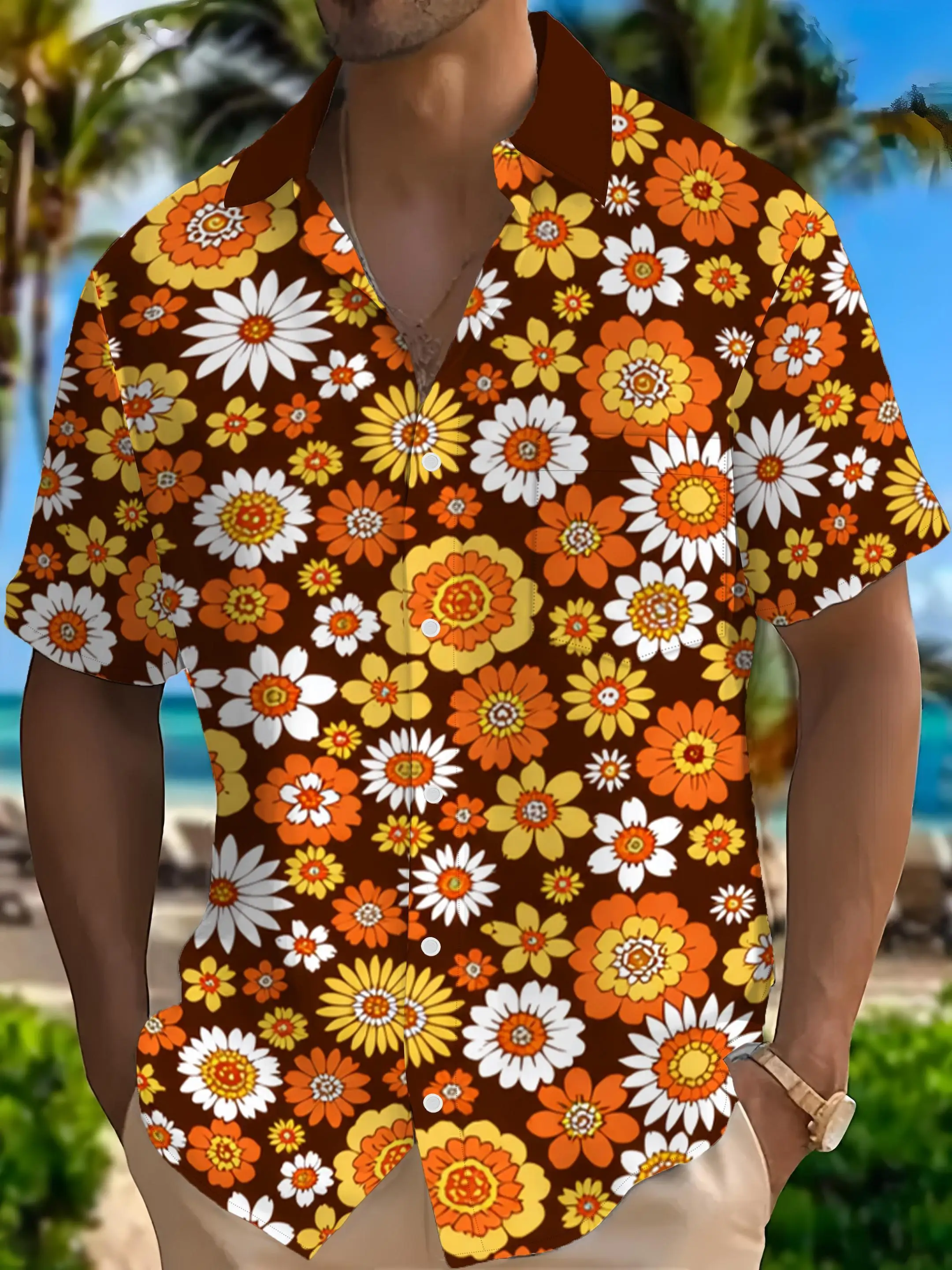 Mens Retro Orange Daisy Floral Print Short Sleeve Turn Collar Button Casual Hawaiian Vacation Beach Shirt