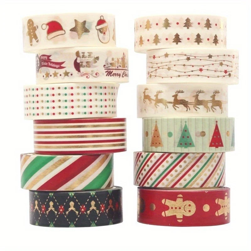 Diy decorativo washi fita adesivos coloridos festa de natal série mão diário adesivos fita adesiva 12 rolos/conjunto