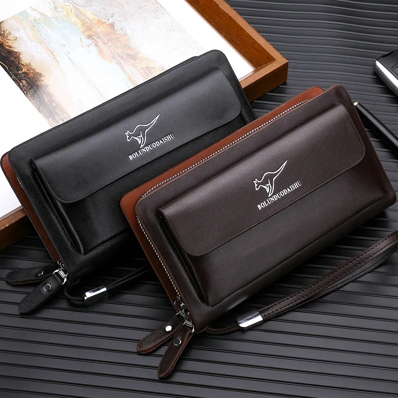 KANGAROO Brand Men Clutch Bag Fashion Leather Long Purse Double Zipper Business Wallet Black Brown Male Casual Handy Bag