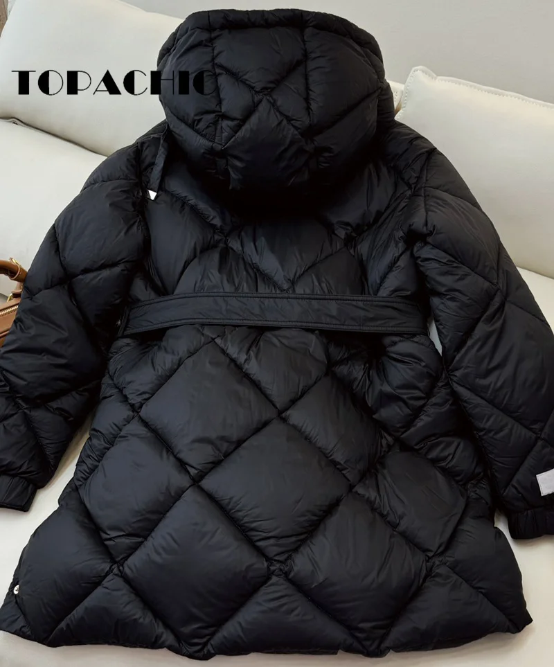 9.5 TOPACHIC-Women Hooded Mid-Length Sashes White Down Outerwear Quilted Argyle Plaid Solid Color Button Down Jacket