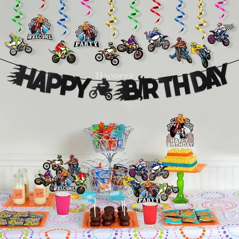 42Pcs Dirt Bike Return Party Decoration Kit Teens Favor Happy Birthday Banner Motorcycle Cake Topper With Swirl Hanging Supplies