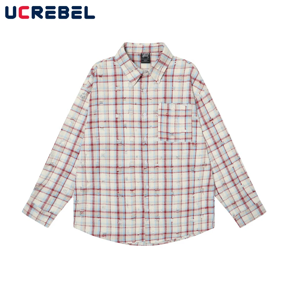 

Ripped Plaid Long Sleeve Shirts Mens Pocket Autumn High Street Loose Lapel Single Breasted Checked Shirt Men