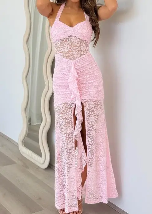 

Summer Sexy Solid Color V-Neck Lace Splicing Tight Bag Hip Hanging Neck Dress for Women Beach Ruffle Perspective Dress