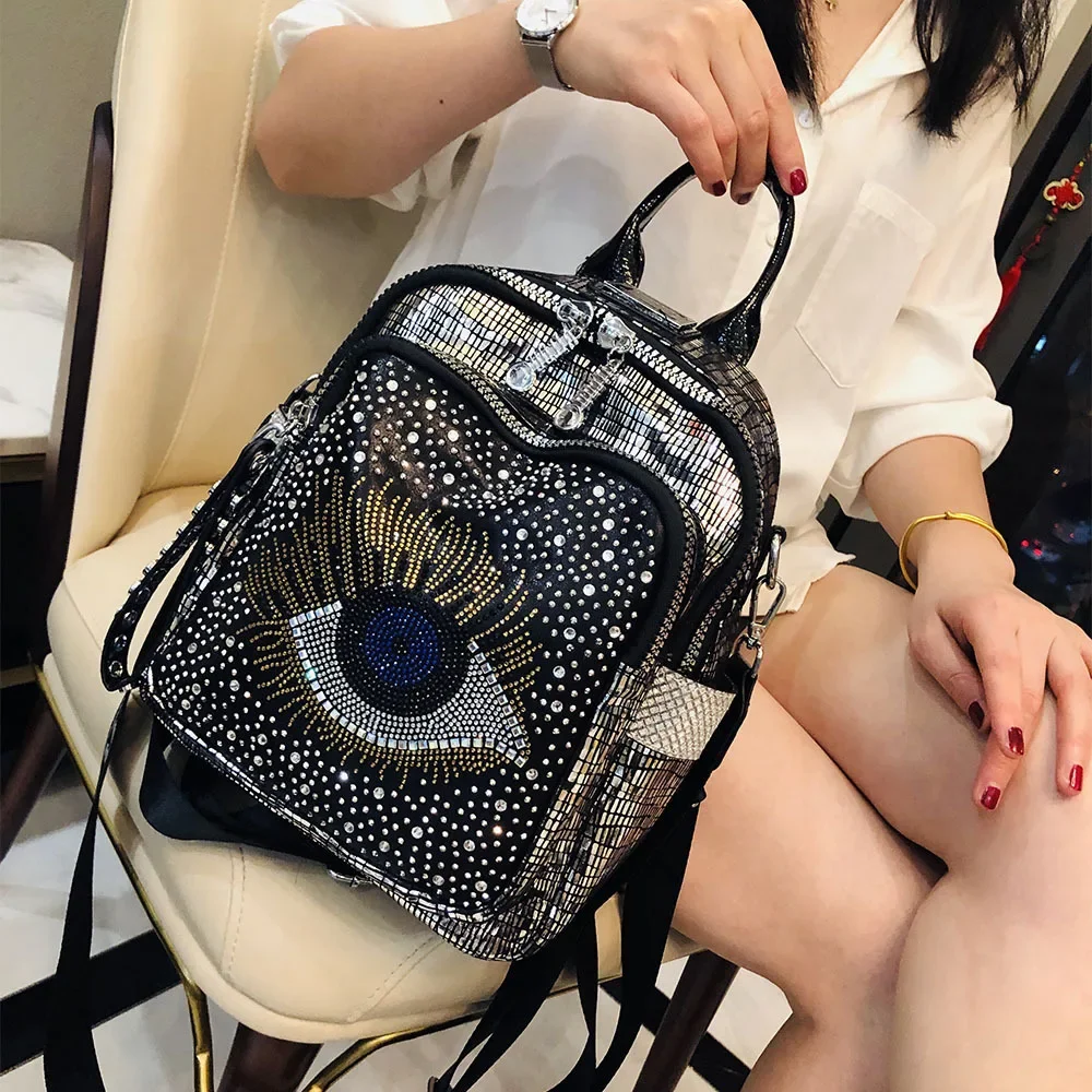 Women Vintage Rhinestone Rivet Leather Medium Size Black Backpack Retro Chic 80s Fashion Luxury Designer Travel Stylish Backpack