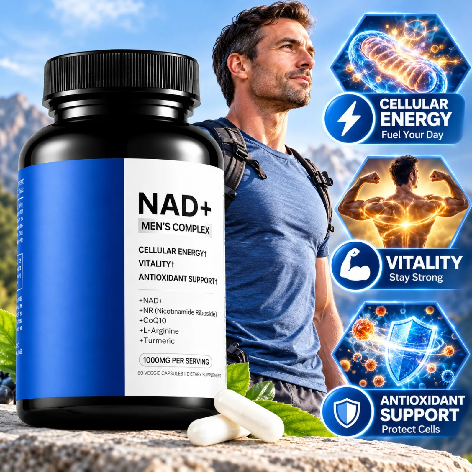 NAD+ Supplement for Men Cellular Energy Vitality Antioxidant Support, NR CoQ10 L-Arginine Turmeric, 60 Capsules