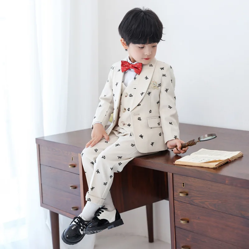 5Piece Children Butterfly Jacket Vest Pants Bowtie Dragon Brooch Boys Photograph Suit Kids Easter Ceremony Evening Dress Costume