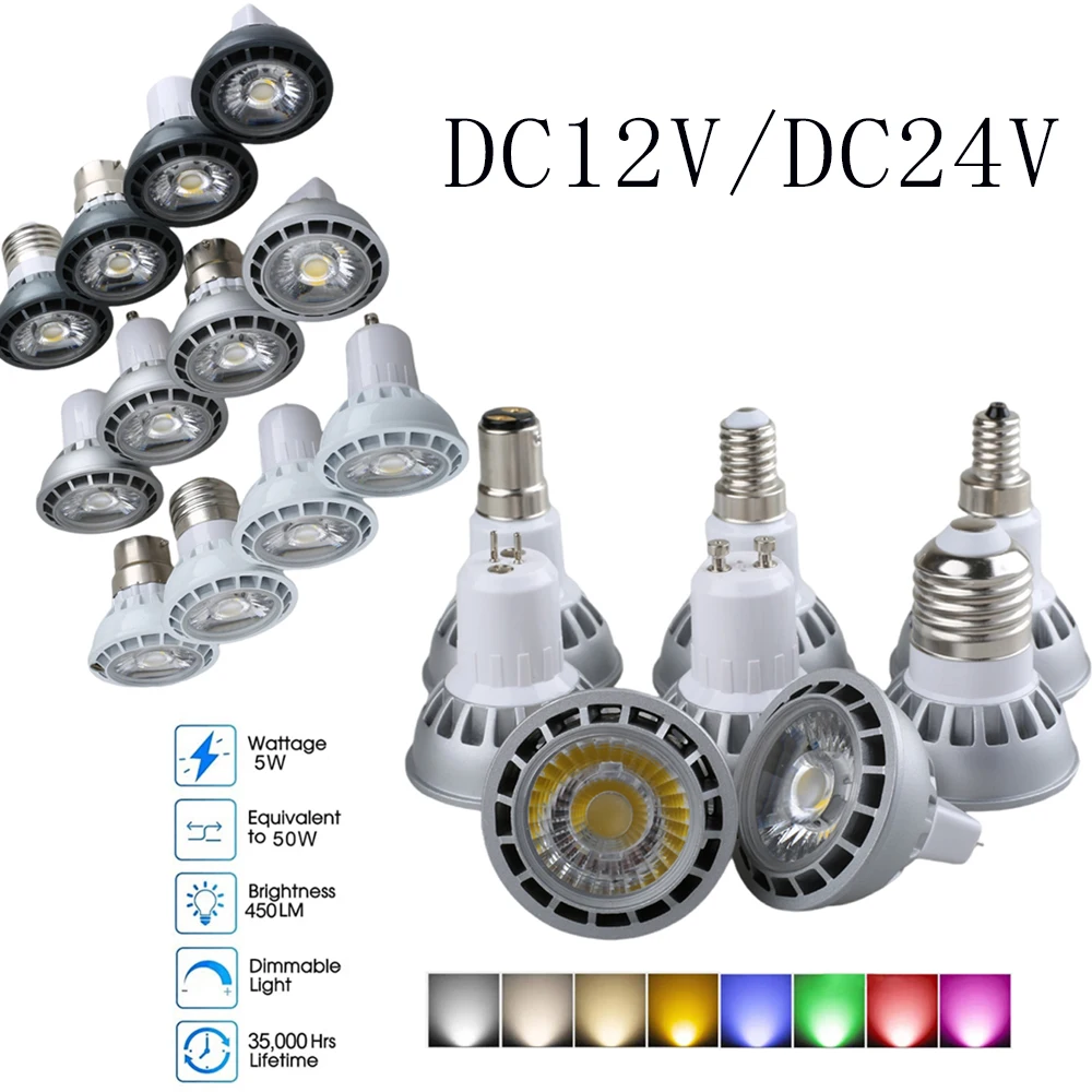 Dimmable MR16 DC 12V E27 GU10 E14 E12 B22 GU5.3 5W DC 24V LED COB Spotlight Bulbs Spotlights HomeLamps Luminaire for Living Room