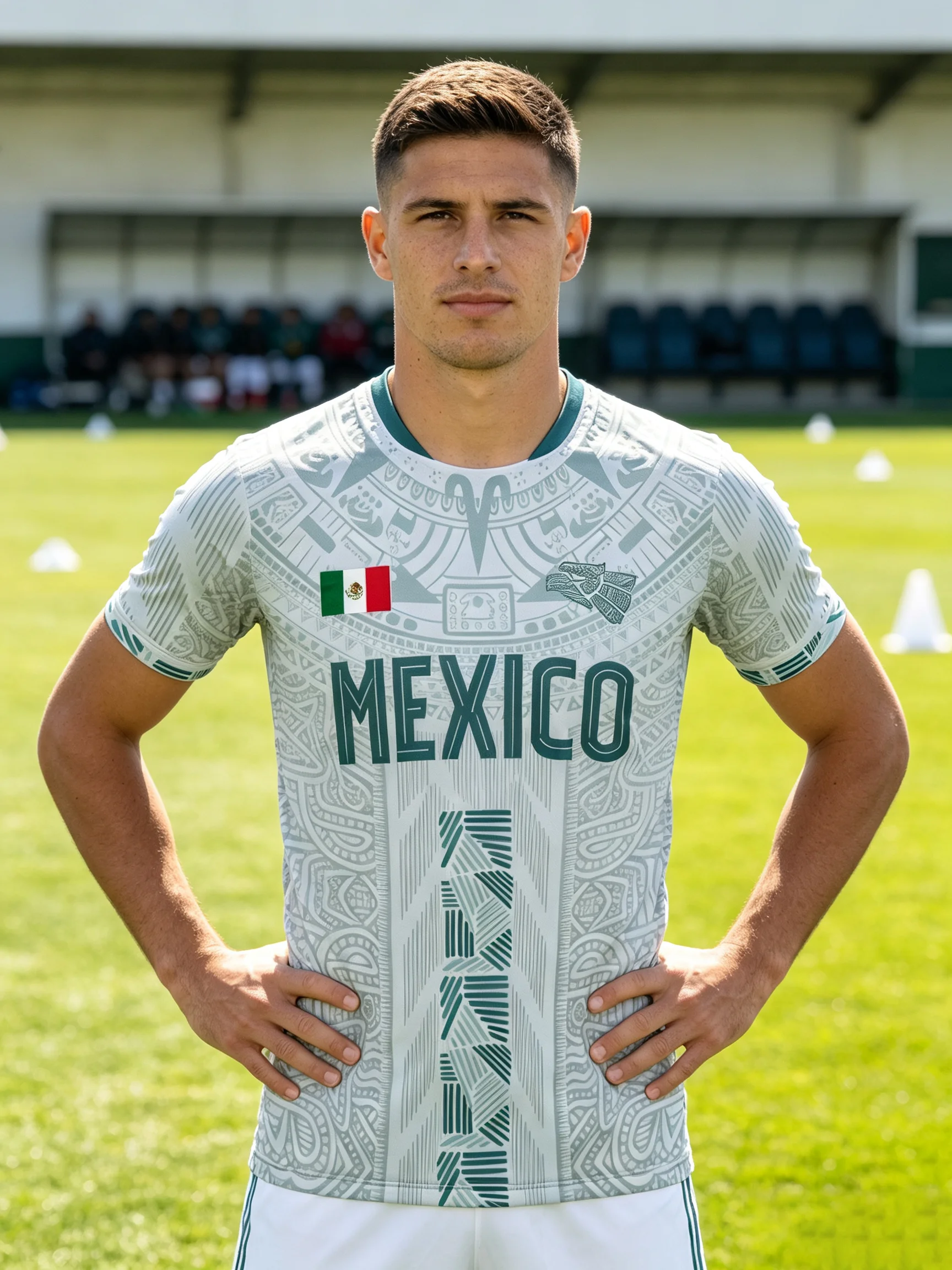 Mexico soccer jersey printed with ancient Mayan patterns, side geometric stripes delivering rich exotic ethnic‑style texture