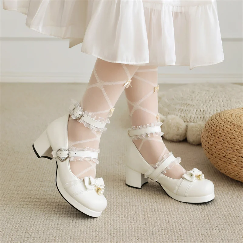 Drop Ship Lolita Style Bow Princess Pumps Sweet Buckle Strap 5cm High Heel Platform Wedding White Mary Janes Shoes Women 2024