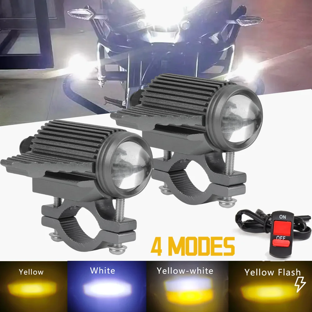 Headlights Motorcycles Auxiliary LED Light Additional Front Spotlights 9-85V 4 Modes Dual Color Amber&White Moto Fog Lights Lens