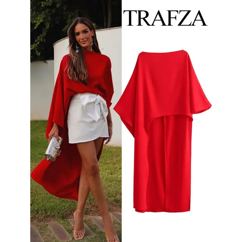 

TRAFZA Autumn Women's Asymmetric Cape Style Red Satin Shirt Fashionable Round Neck Women's Casual Long Shirt Holiday Style 2024