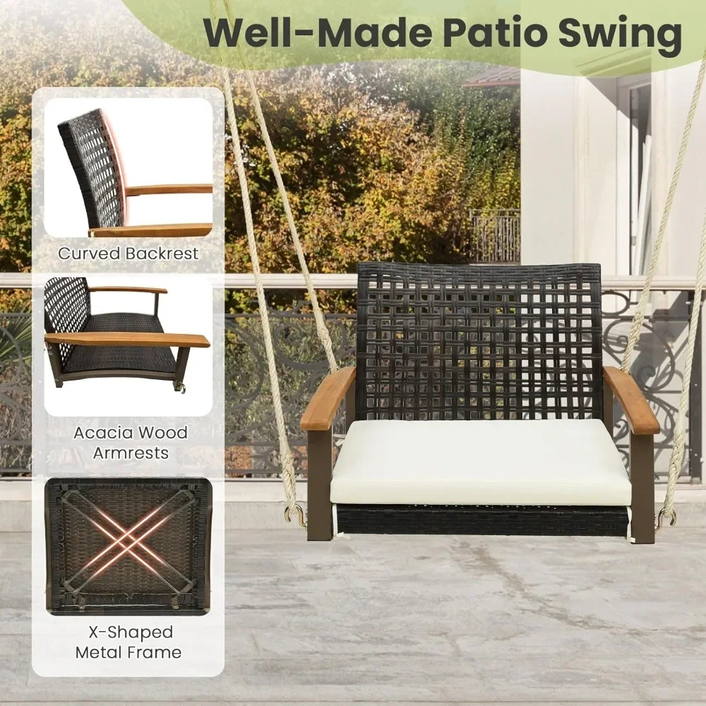 Hanging Porch Swing, 1 Person Patio Wicker Swing Chair with Metal Frame, Cushion, Ropes & Hooks, Outdoor PE Rattan Swing Seat