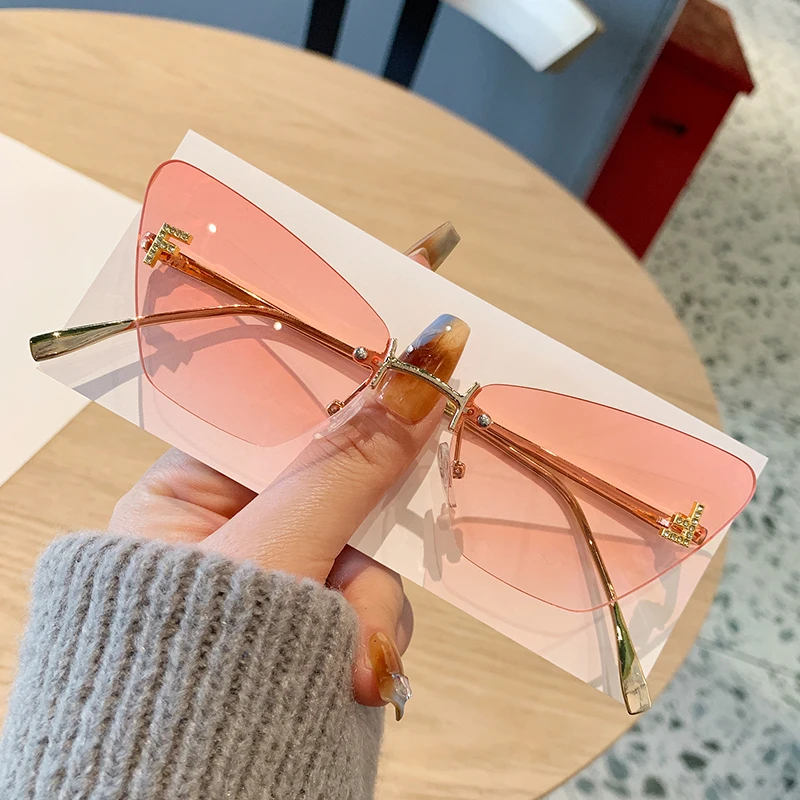 New Cat Eye Diamond Engraved Sunglasses, Frameless Metal Sun Glasses 90317