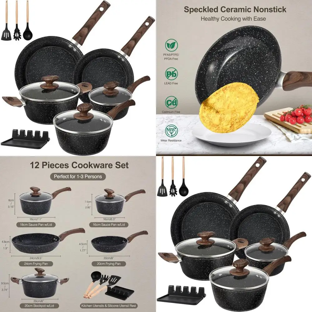 

12-Piece Black Ceramic Non-Stick Cookware Set, Induction Compatible, PFAS & PFOA Free, Non-Toxic Kitchenware