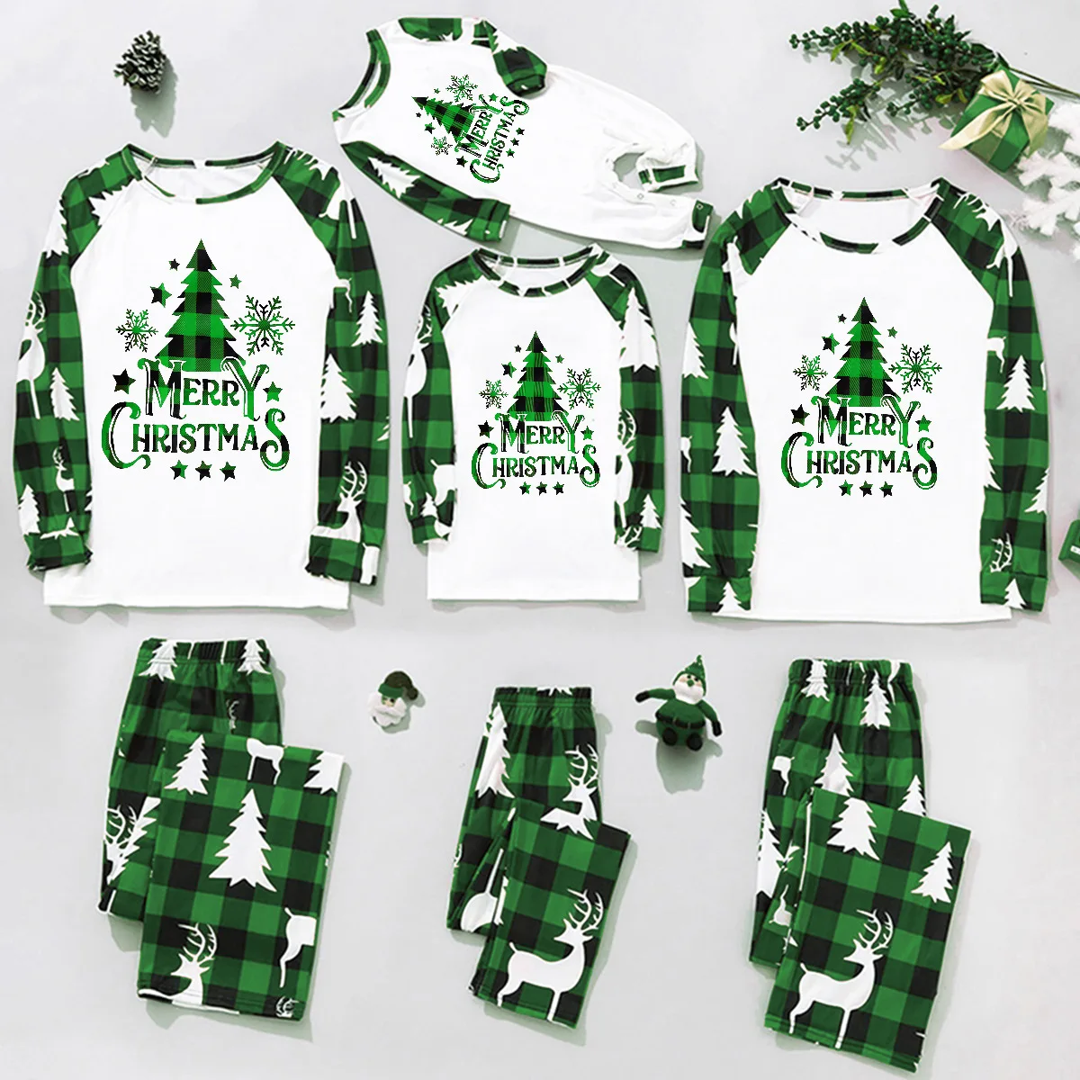 2024 Christmas Family Matching Pajamas Set Christmas Tree Letter Cute Deer Print Long Sleeve Tops and Plaid Pants 2 Pieces Sleep