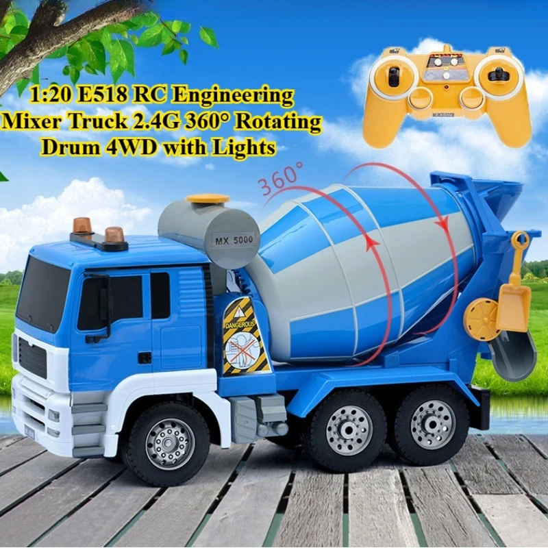1:20 E518 RC Engineering Mixer Truck 2.4G 360° Rotating Drum 4WD with Lights Professional Grade Rechargeable Electric RC Toy Car