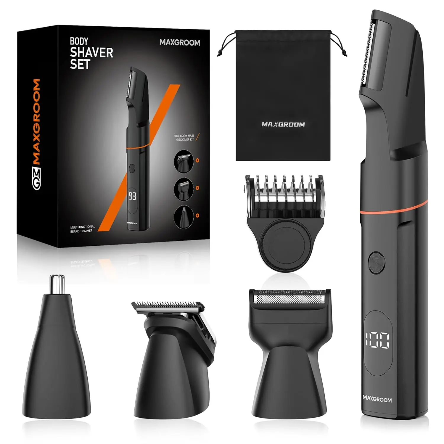 

Waterproof Men's Body Hair Trimmer & Grooming Kit with LED Display, USB Rechargeable, Adjustable Comb