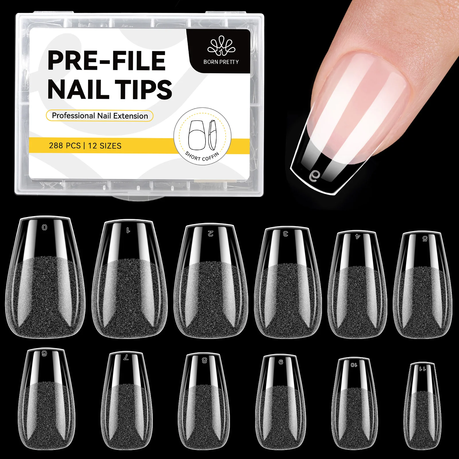 BORN PRETTY Short Coffin Pre-File Nail Tips 288 Pcs Full Cover Soft Tips Half Matte False Nails Clear Press on Nails Extension