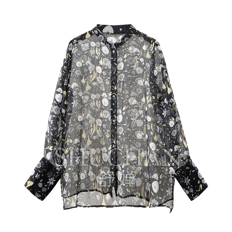 

New Light Luxury Micro-transparent Sexy Retro Printed Silk Georgette Long-sleeved Shirt Women 77A1