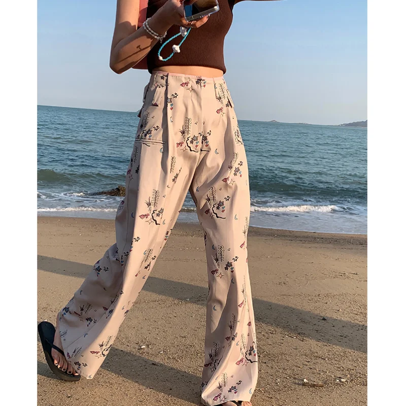 

Women Apricot Casual Pants Printing American Vintage Fashion Straight Wide Leg Pants High Street Female Summer Mopping Trouser