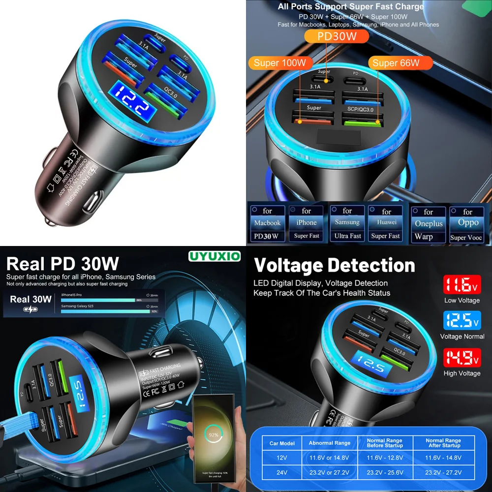 Trending 6 in 1 Full PD 30W USB Car Charger 4 USB A Multi Port Fast Charge Adapter with Volt Meter for iPhone Dropshipping