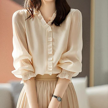 Zarif düz renk v yaka Ruffles tatlı bluzlar kadın giyim 2023 sonbahar kış gevşek gidip kelebek kollu gömlek Tops