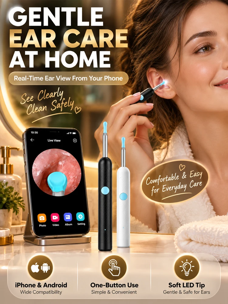 Visual Wireless Otoscope Ultra Thin Camera HD 1080P Ear Scope WiFi Endoscope for IOS/Android with Ear Wax Cleaning Tools