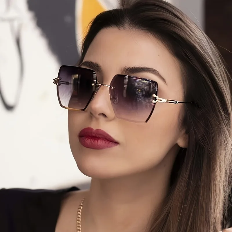 Platz Frauen Anti Licht Gläser Mode Übergroßen Randlose Schneiden Objektiv Gradienten Brillen Legierung Trend Männer Shades – Detail 4