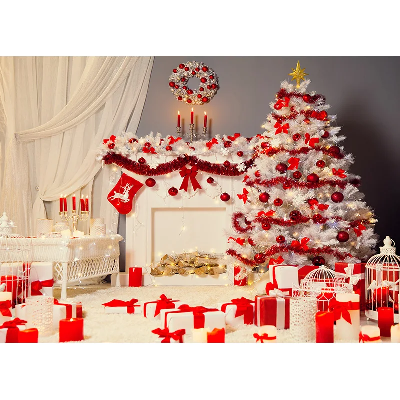 크리스마스 날 선물 꽃 화환 사진 배경 창 선물 소나무 벽난로, 새해 테마 사진 배경 DRG-14