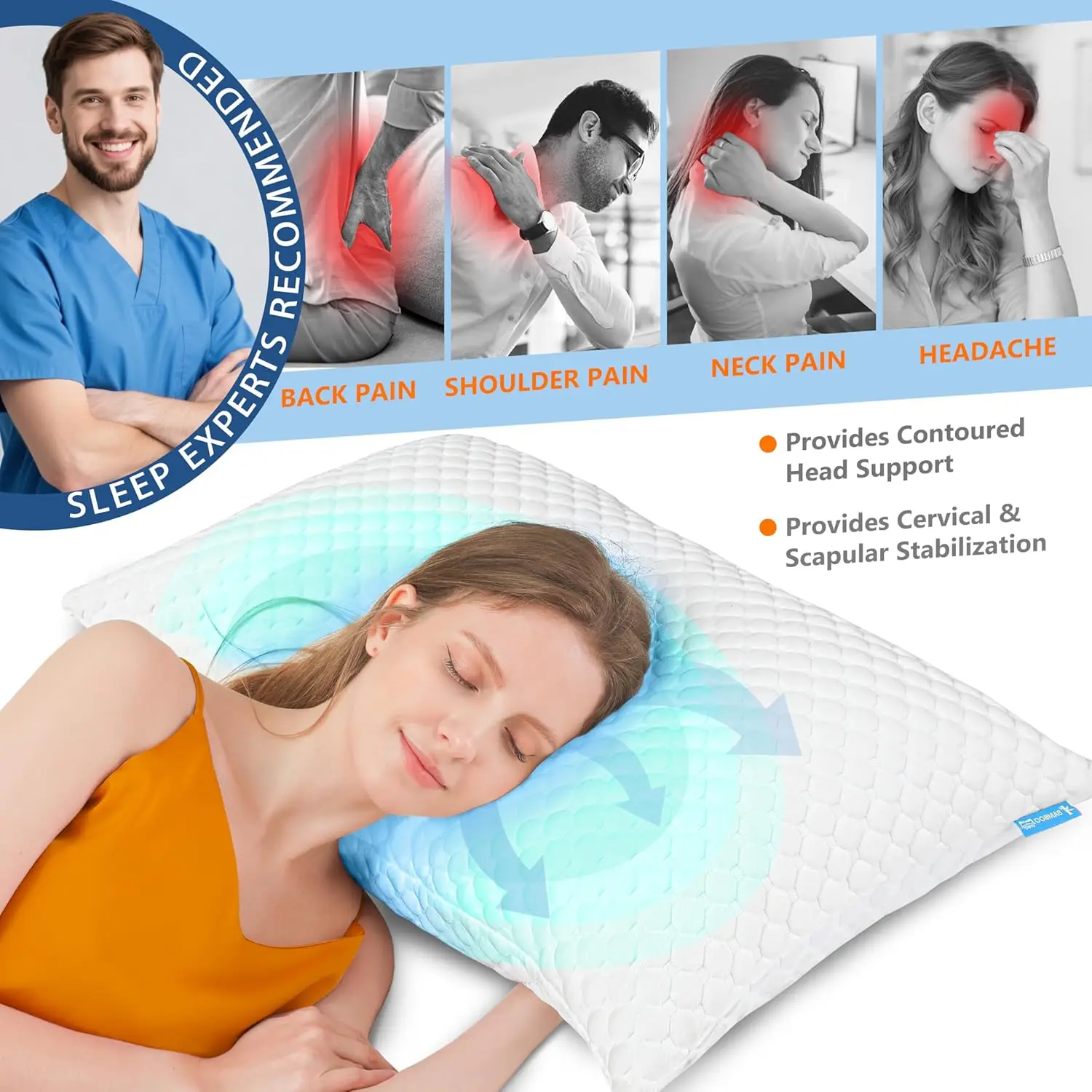 Set di 2 cuscini rinfrescanti in memory foam, supporto stabile e regolabile per chi dorme dello stomaco con lato caldo e cerniera