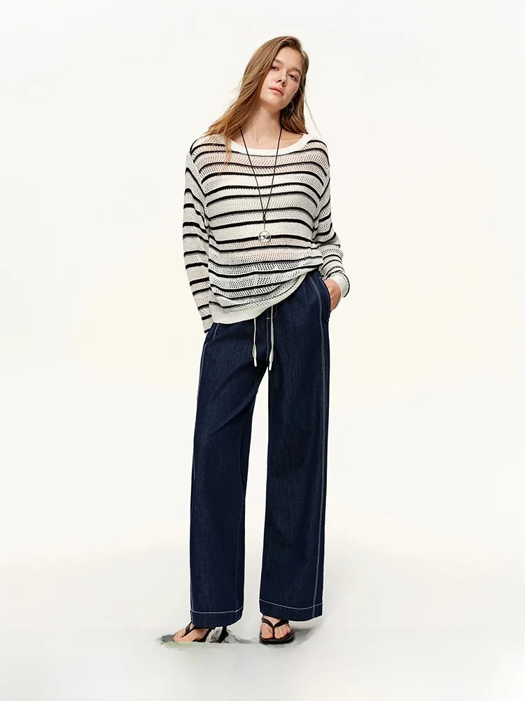 

Color Blo High Waist Straight Leg Jeans Women's Spring Summer Cotton Stretch Dstring Casual Trousers by Unique Bundle