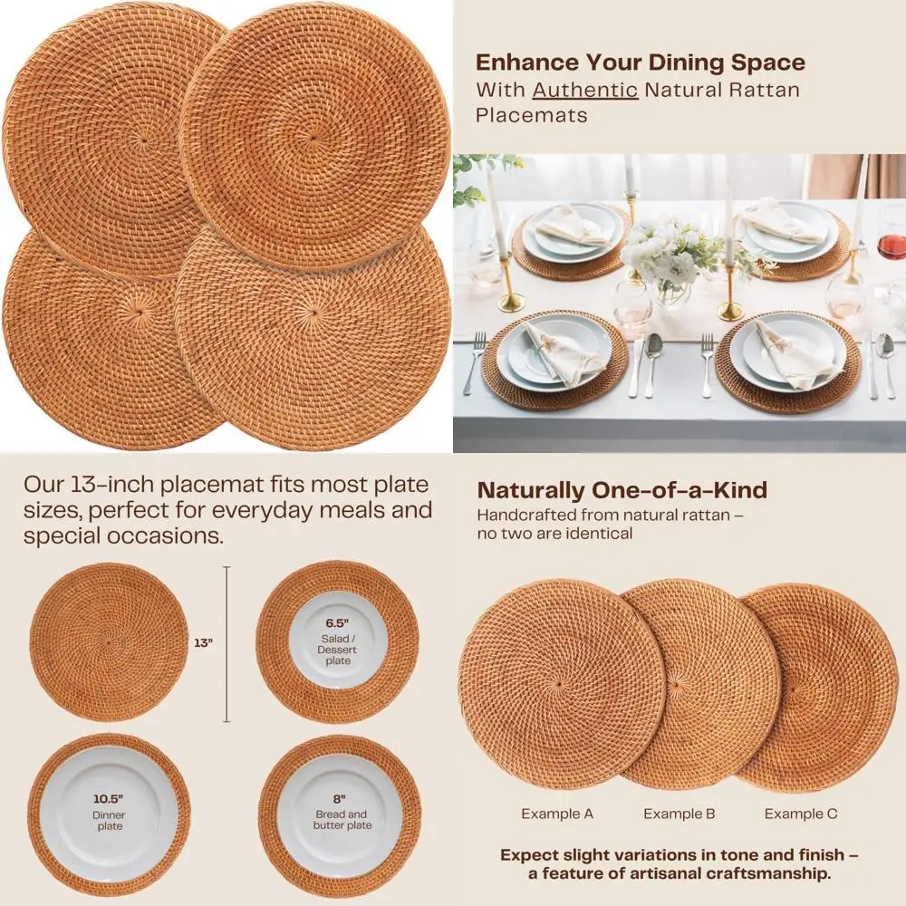 

4-Pack Rattan Placemats - 13-inch Round Placemats (Honey Brown) - Woven Place Mats, Round Table Mats - Wicker Chargers for Dinne
