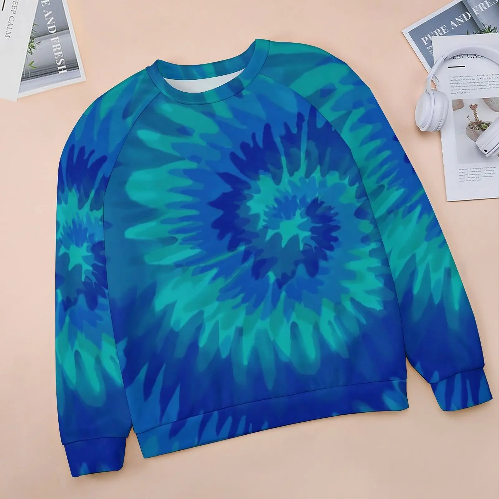 Blue Vibrant Tie Dye Casual Hoodies Retro Swirl Print Modern Graphic Hoodie Autumn Long-Sleeve Streetwear Oversize Sweatshirts