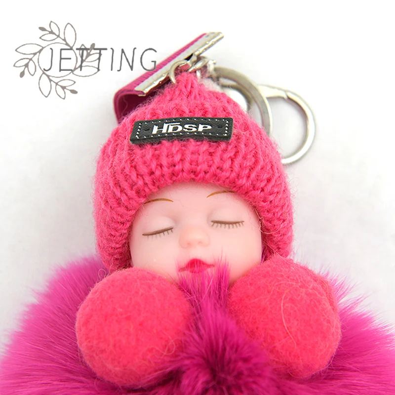 ホットポンポン寝ている赤ちゃんキーホルダーかわいいふわふわぬいぐるみキーホルダー女性ガールバッグキーリング車のキーリングギフト魅力的な装飾