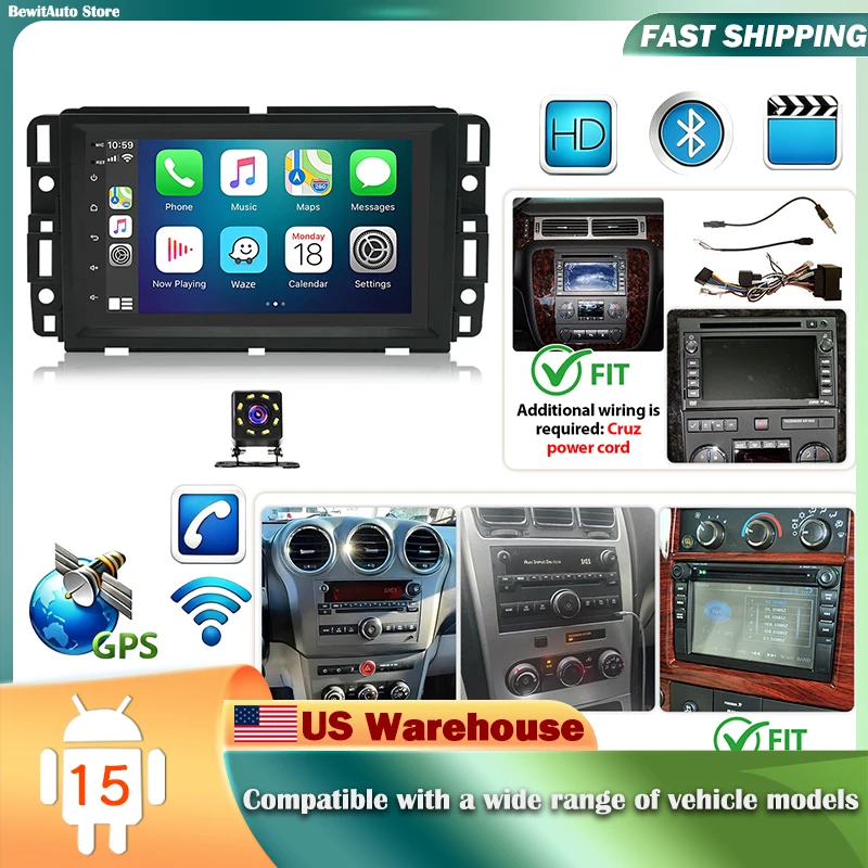 7Inch Android 15 Car Stereo Multimedia Radio Player 2GB+32GB For GMC For Chevrolet Silverado 2007‑2018 Wireless Carplay Android Auto GPS WiFi DSP SWC Split Screen Mirror Link FM Bluetooth + AHD Rear View Camera