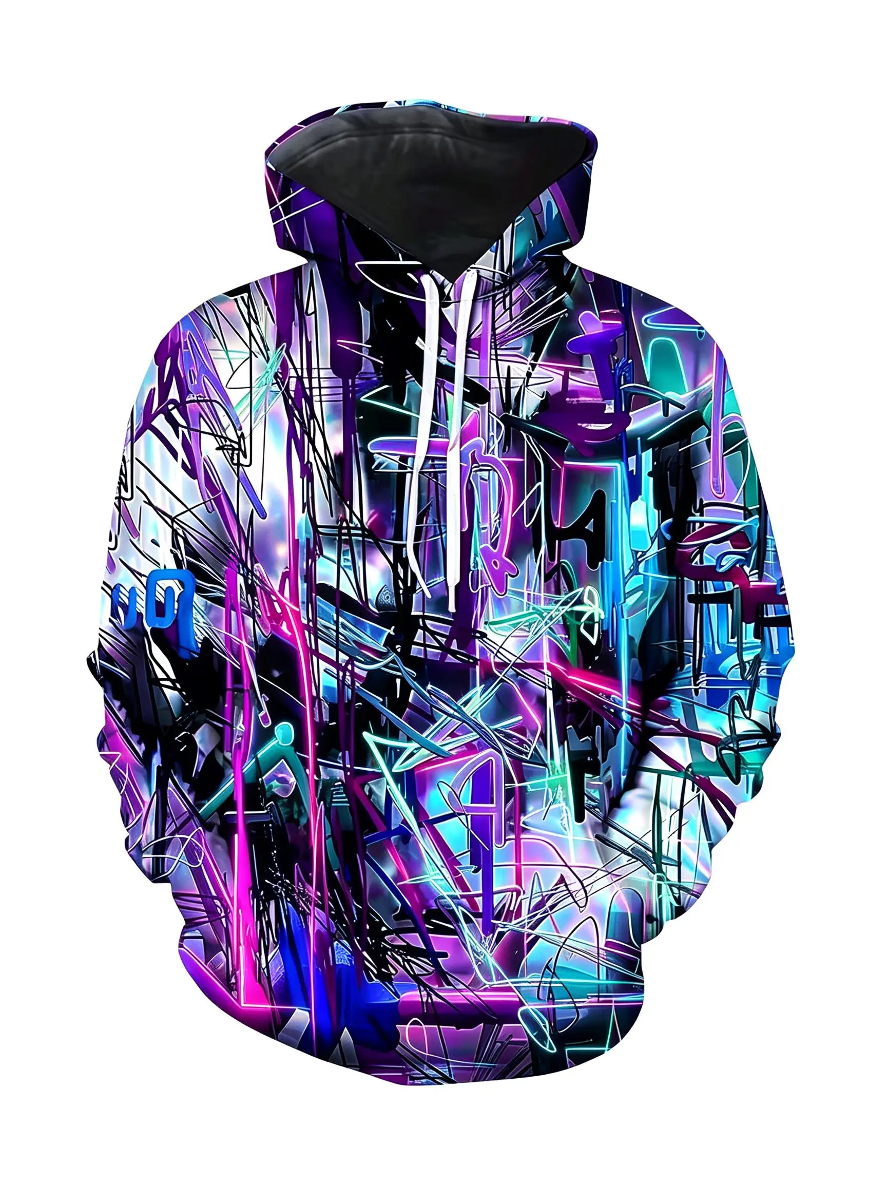 2026 Men's Hoodie Thin Autumn Winter Cyber Neon Graffiti Print Long Sleeve Male Casual Streetwear Sweatshirt Tops Clothes
