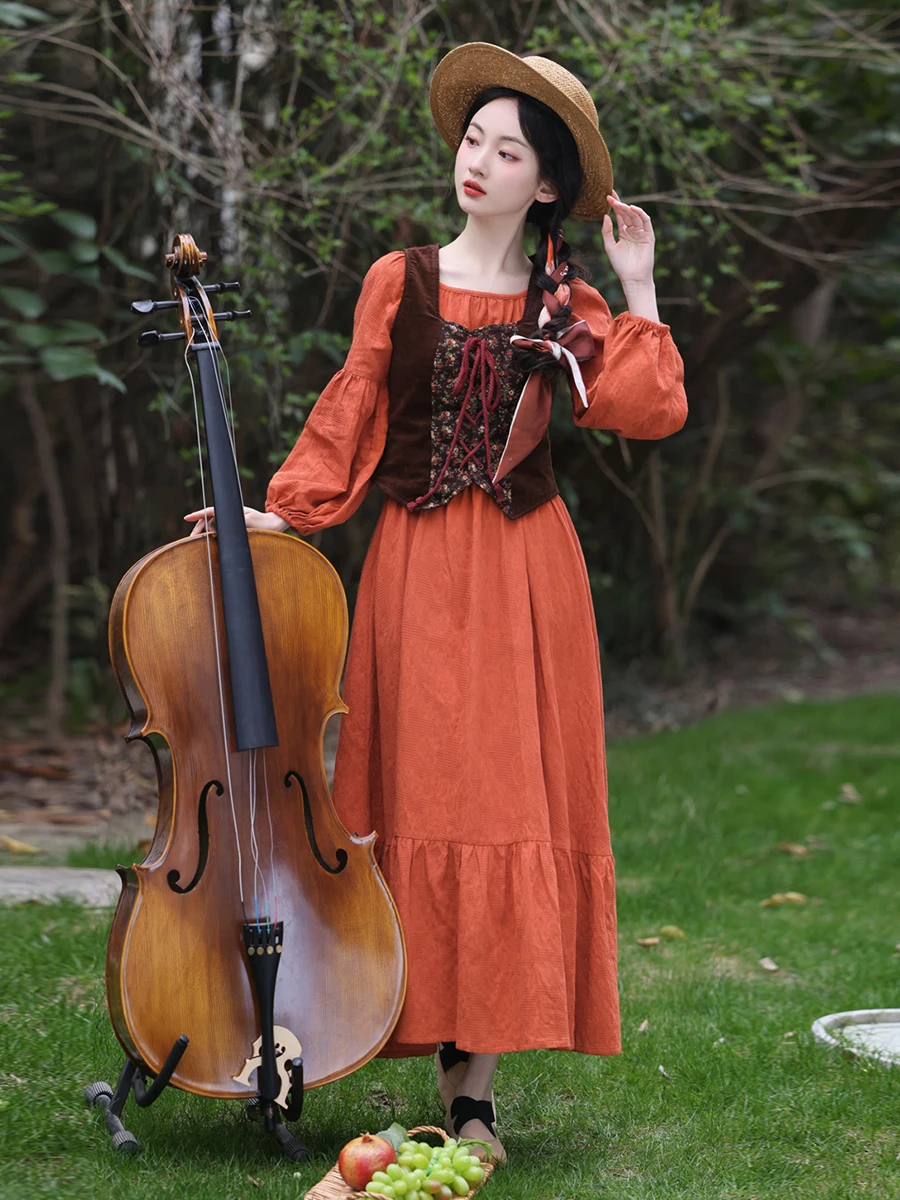 فستان أنيق من Cotton agecore Prairie Mori Girl فستان كلاسيكي من القطن والكتان على الطراز الفرنسي مع سترة من القرون الوسطى ريترو فيستدو فيستا