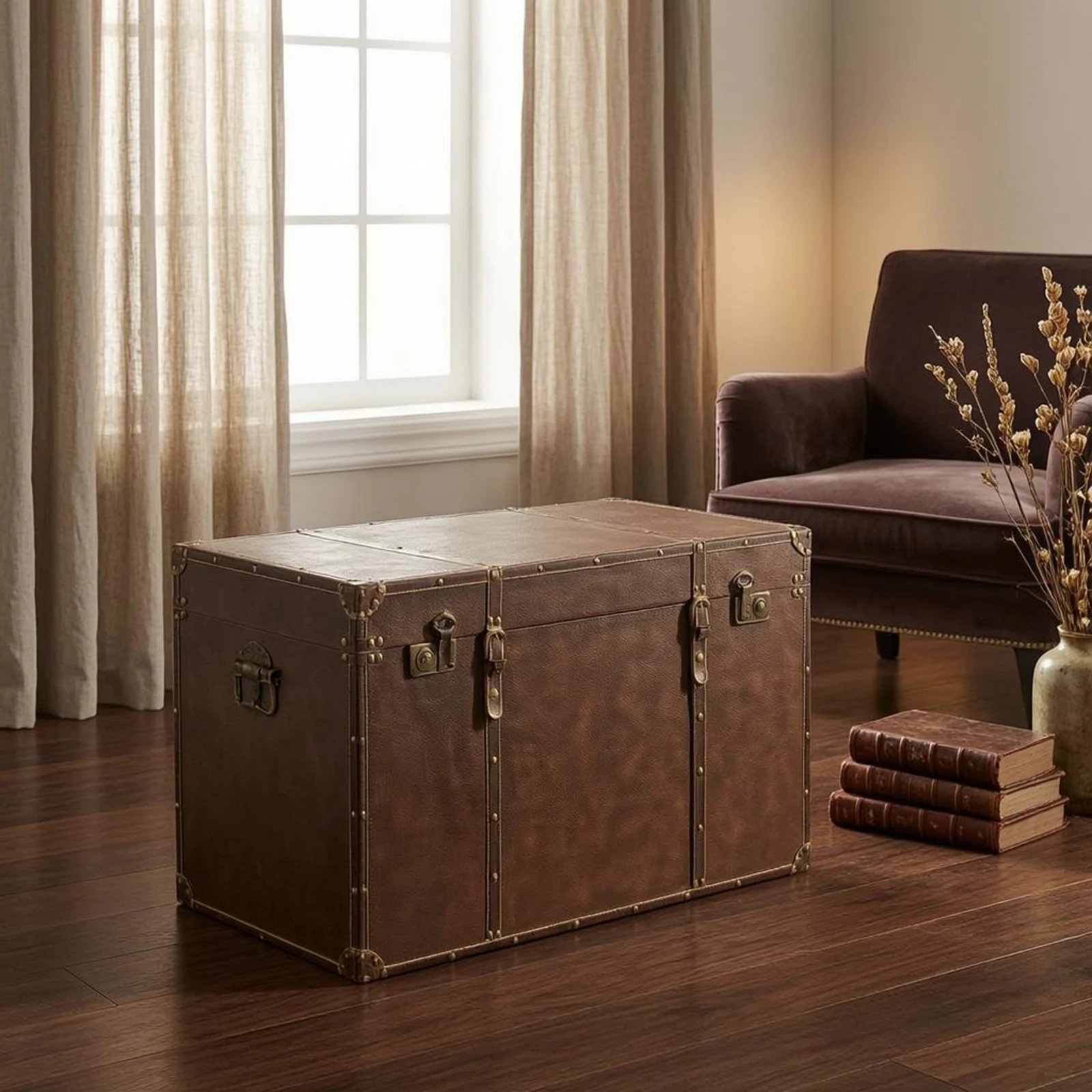 Vintage Suitcase Trunk Lockable Clasp Vintage Storage Trunk Leather-Like Finish Decorative Display