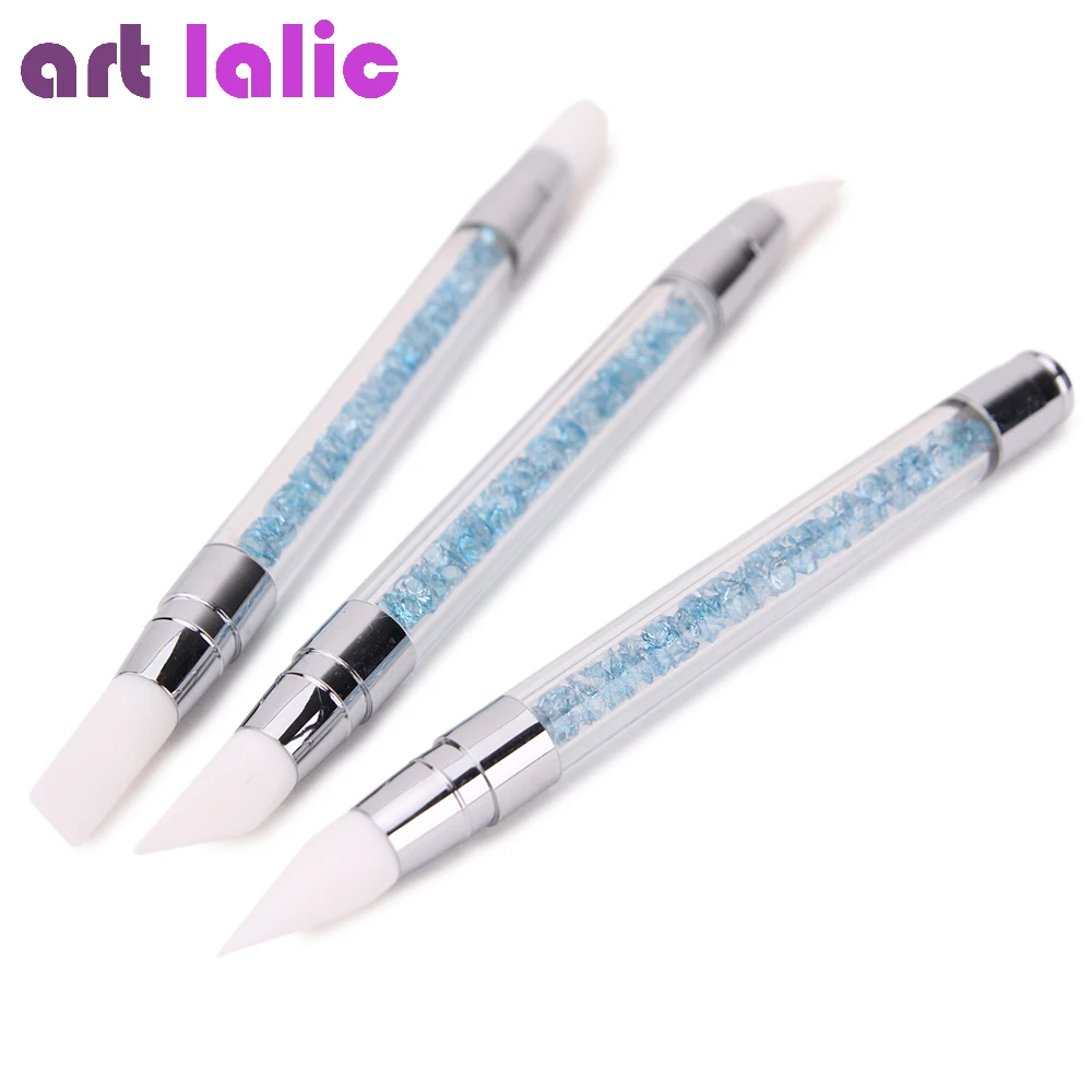 3 Pcs Two-Ways Nail Art Pen Set Blue Rhinestones Design Silicone Nail Brushes Manicure Tools for Carving