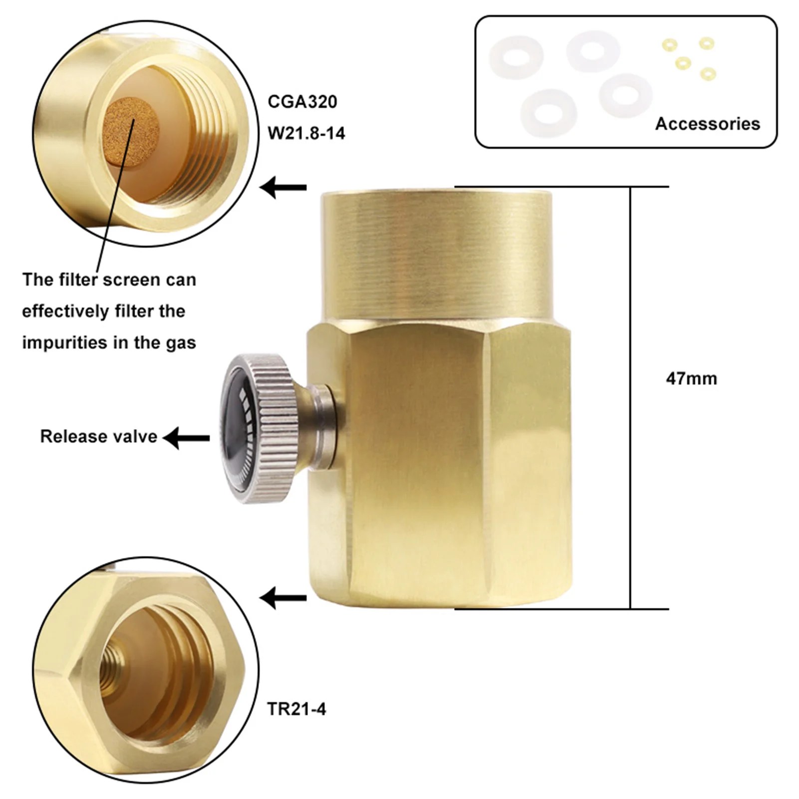 Brass Household Soda Bottle Adapter CO2 Cylinder Refill Adapter CO2 Fill Valve Connector Refill BottleTR21-4 to CGA320