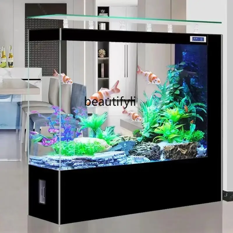 S7486 ss Fish Tank Living Room Glass Temperature Display Intelligent Large Light Luxury Home Floor Side Filter Aquarium Change W