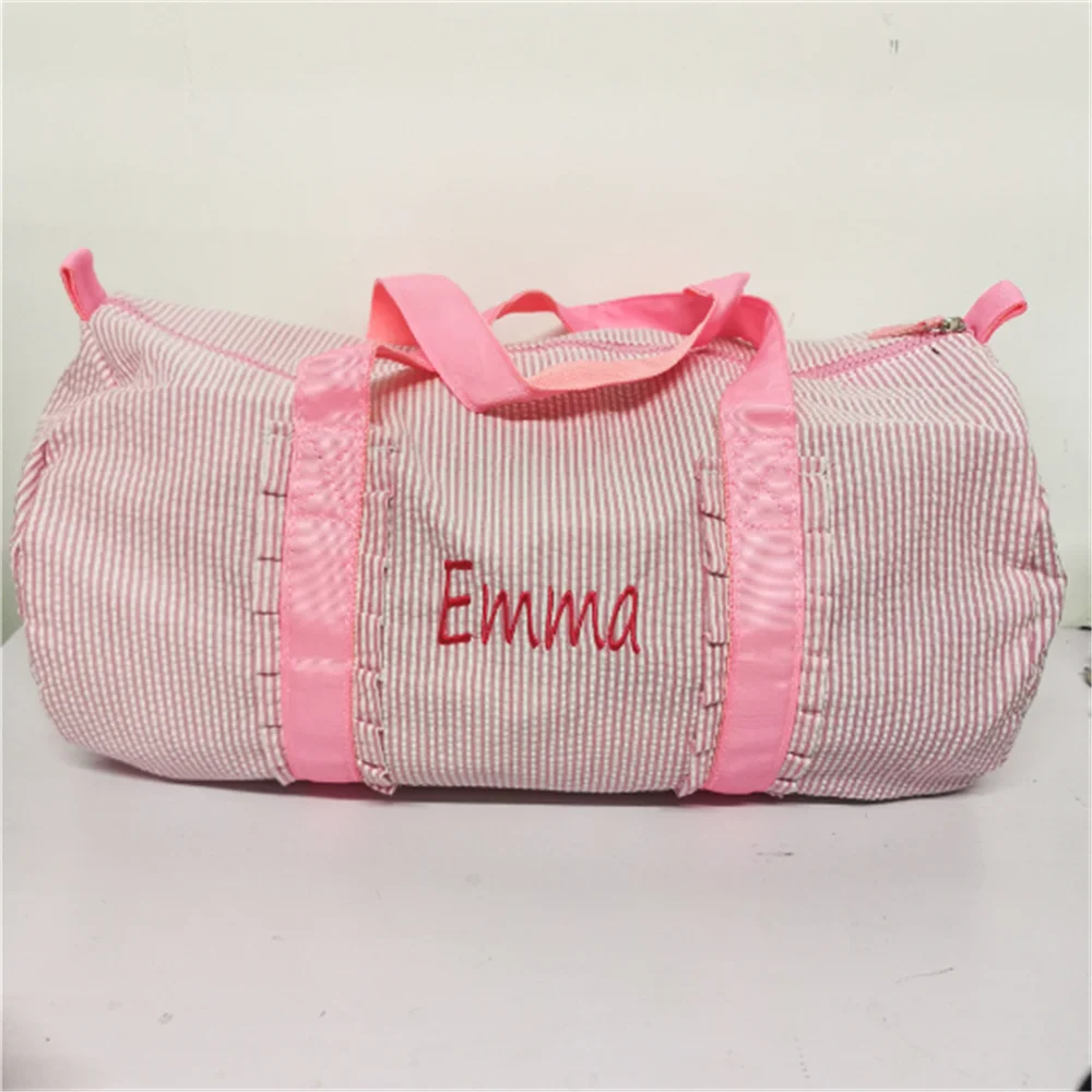 Custom Name Seersucker Cotton Travel Bag Ladies Luggage Bag Cylinder Bag Personalized Embroidered Name Gift Luggage Hand Bags