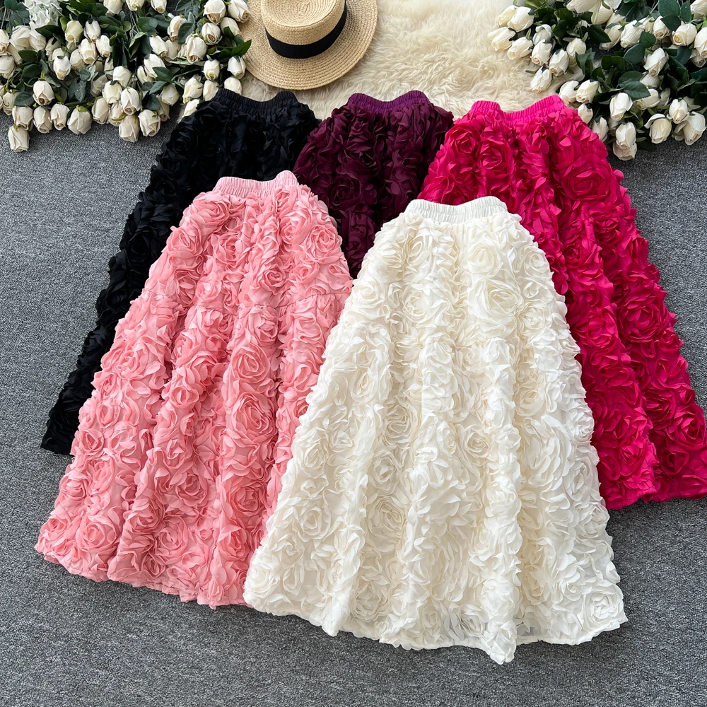 

Clothland Women Stylish Ruffle Skirt Elastic Waist A Line One Piece Candy Color Ball Gown Midi Skirts Mujer BA358