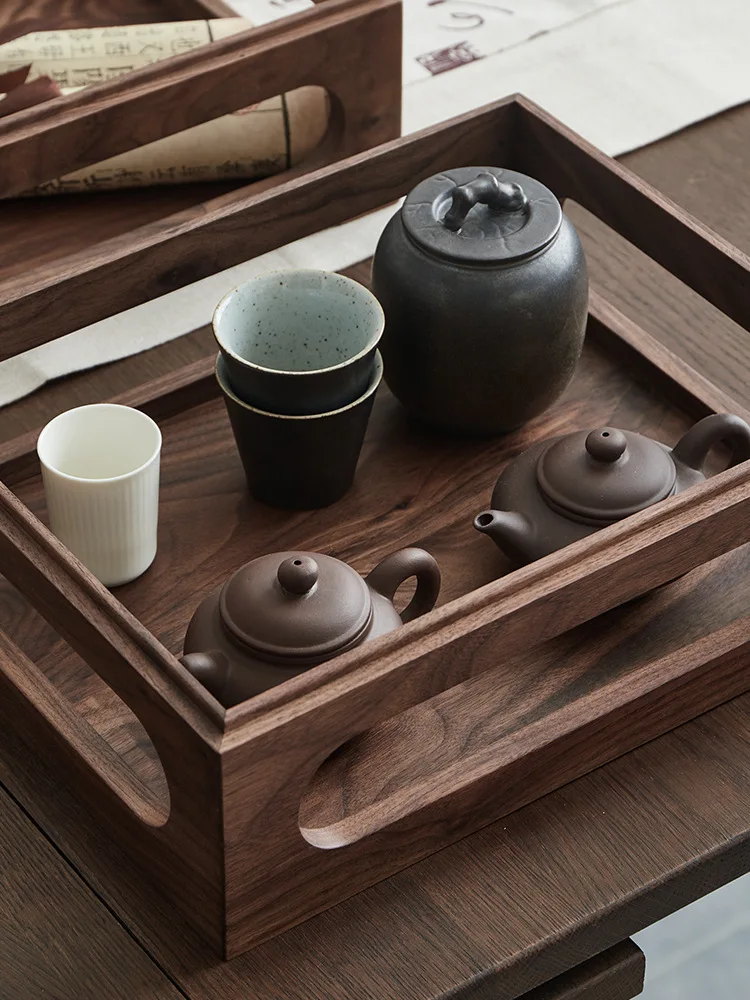 Chinese tea set, desktop storage box, black walnut solid wood, double-layer stackable portable