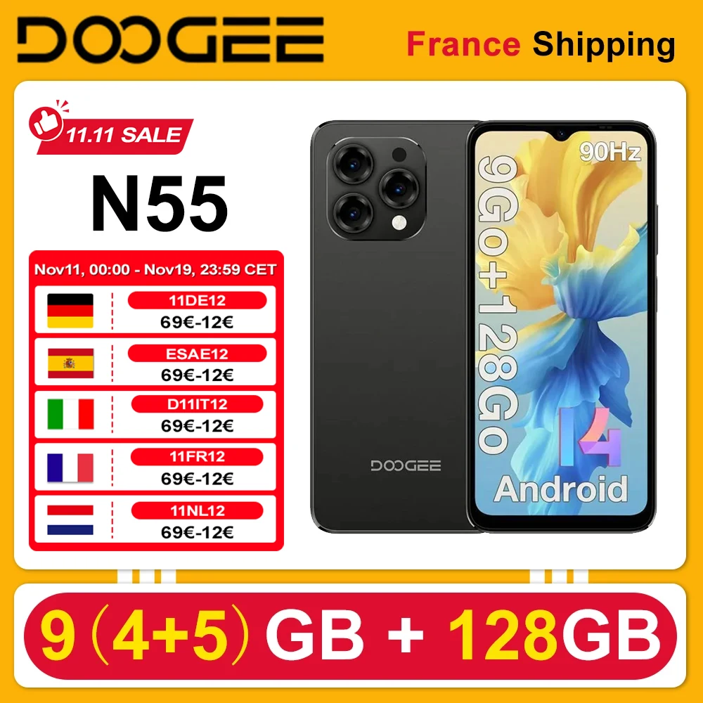 DOOGEE N55 Android 14 Smartphone 6.56 "HD+  5150mAh 13MP Camera 9GB(4+5) RAM 128GB ROM Face Unlock 4G Mobile Phone