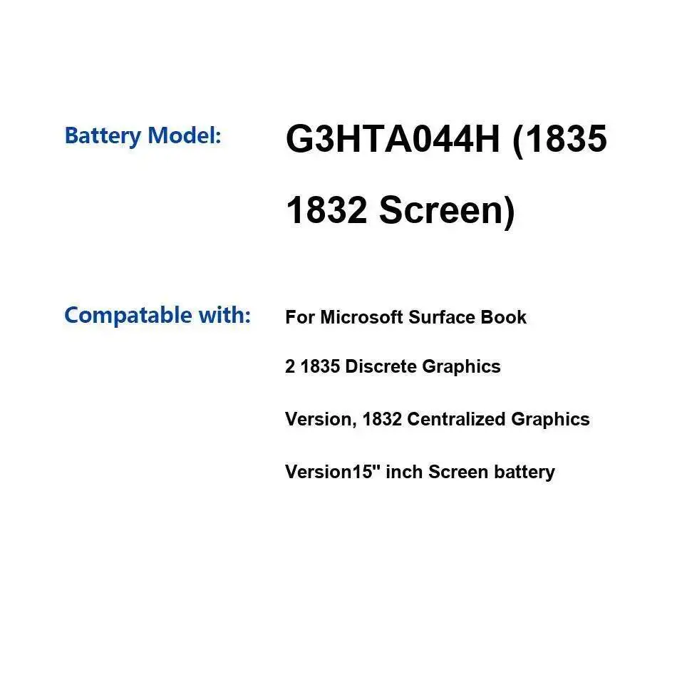 

Battery 2387Mah For Microsoft Surface Book 2 1835 Discrete Graphics 1832 Centralized 15 Inch Screen G3HTA044H