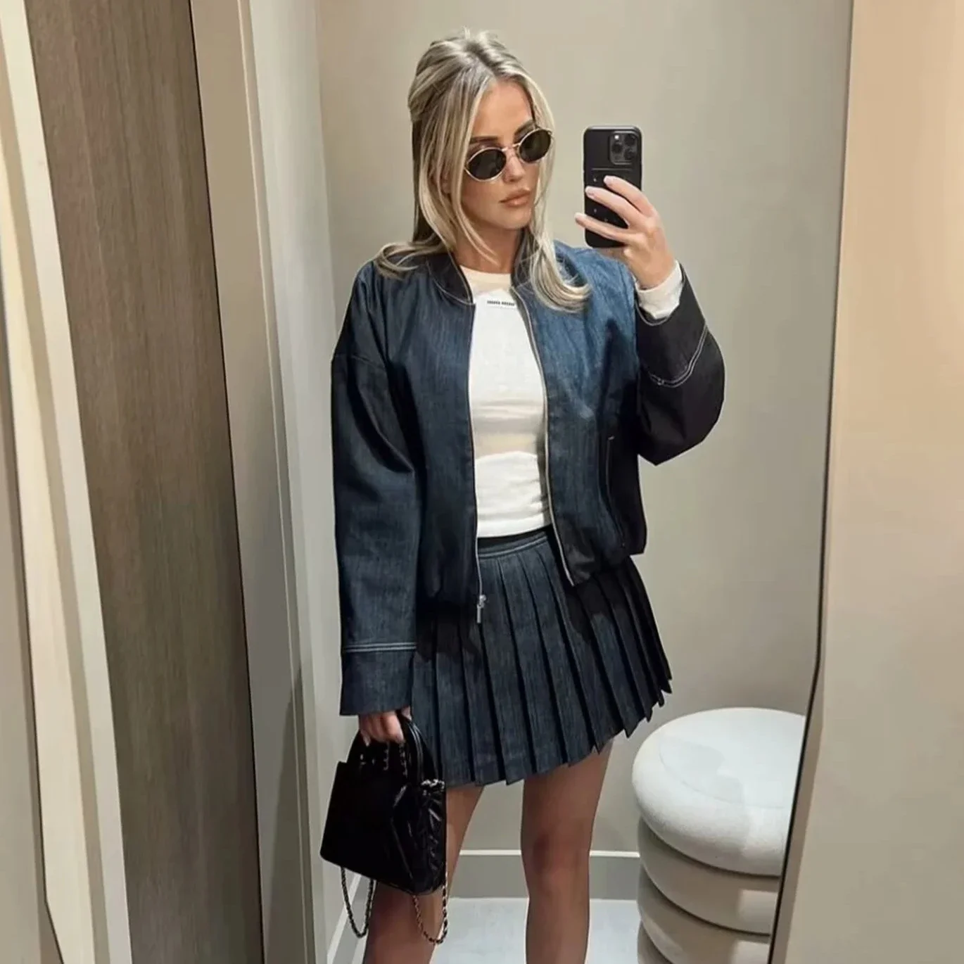 

Women Pleated Skirt Sets for Women Outfit 2025 New Fashion Long Sleeve Bomber Denim Jacket 2 Pieces Set