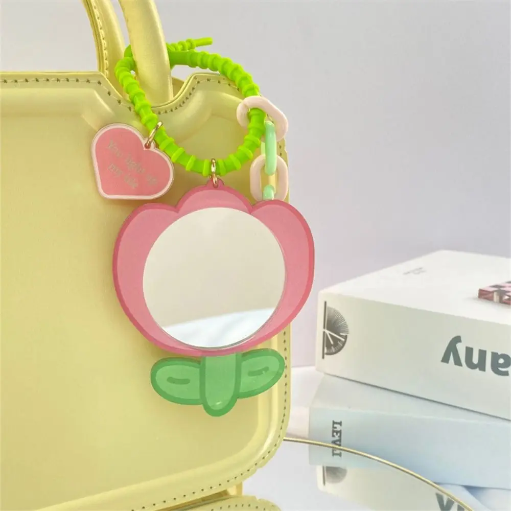

Tulip Flower Flower Small Mirror Cartoon Keychain Acrylic Little Bear Portable Flower Mirror Keyring Small Mirror Makeup Mirror